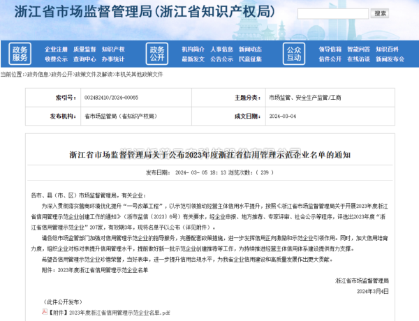 lewin乐玩官网入选2023年度浙江省信誉治理示范企业名单