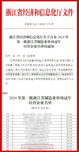lewin乐玩官网入选2024年第一批浙江省造作业单项冠军造就企业名单